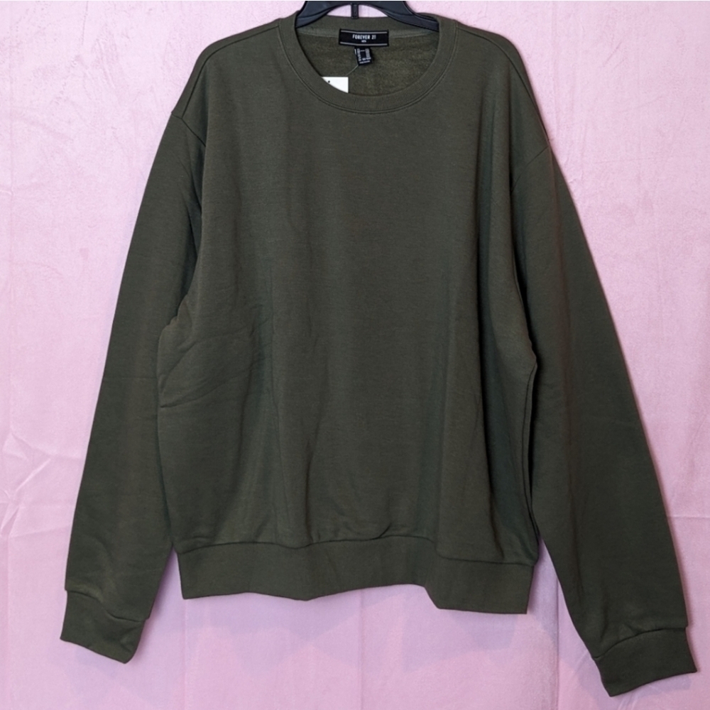 Forever 21 Men Green Fleece Lined Pullover Crew Neck Basic Lounge Sweatshirt